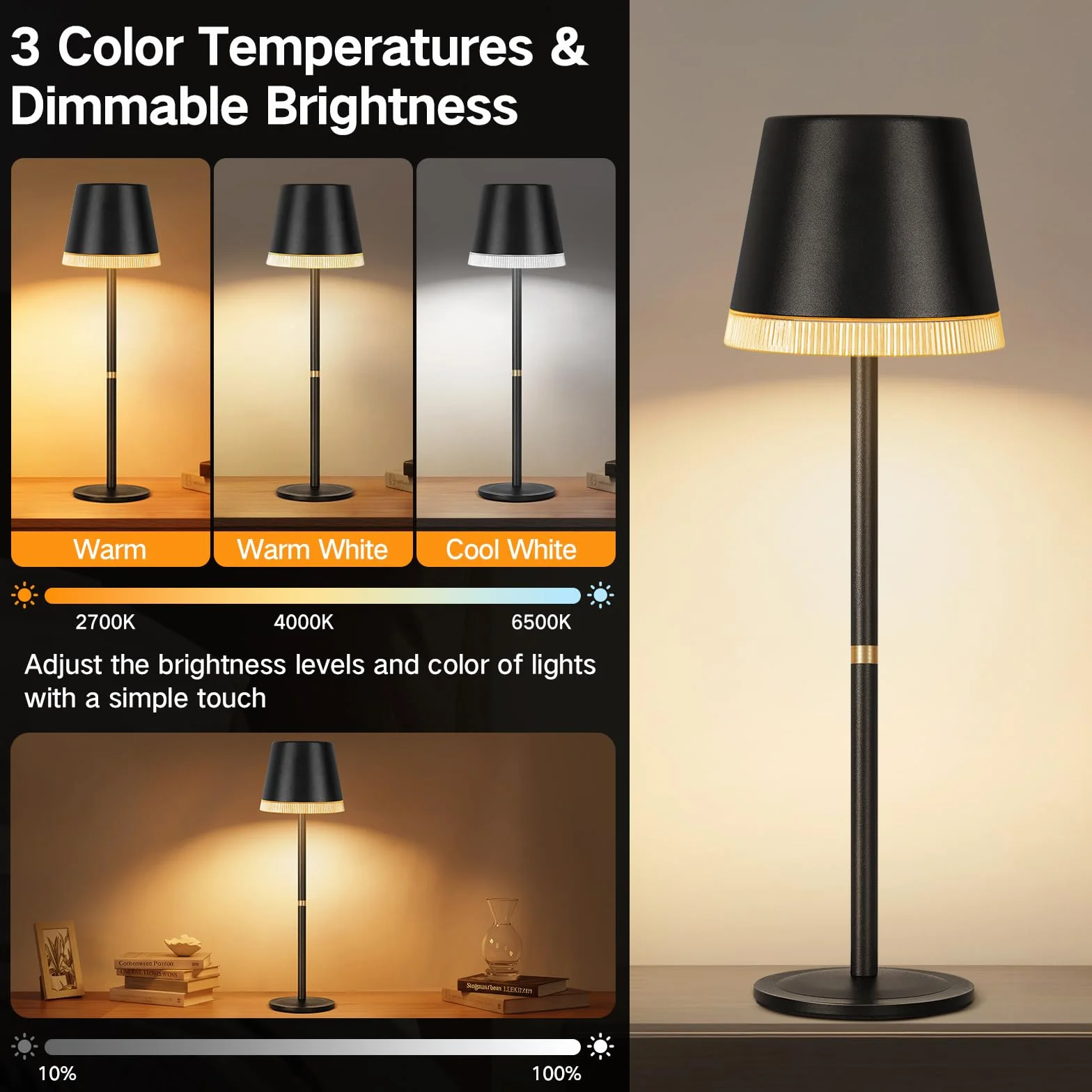 OUTON Lámpara de Mesa Inalámbrica con 3 Modos de Luz y RGB, LED Recargable con Control Táctil, Regulable y Memoria, Impermeable IP54 para Dormitorio, Bar y Café, Negro