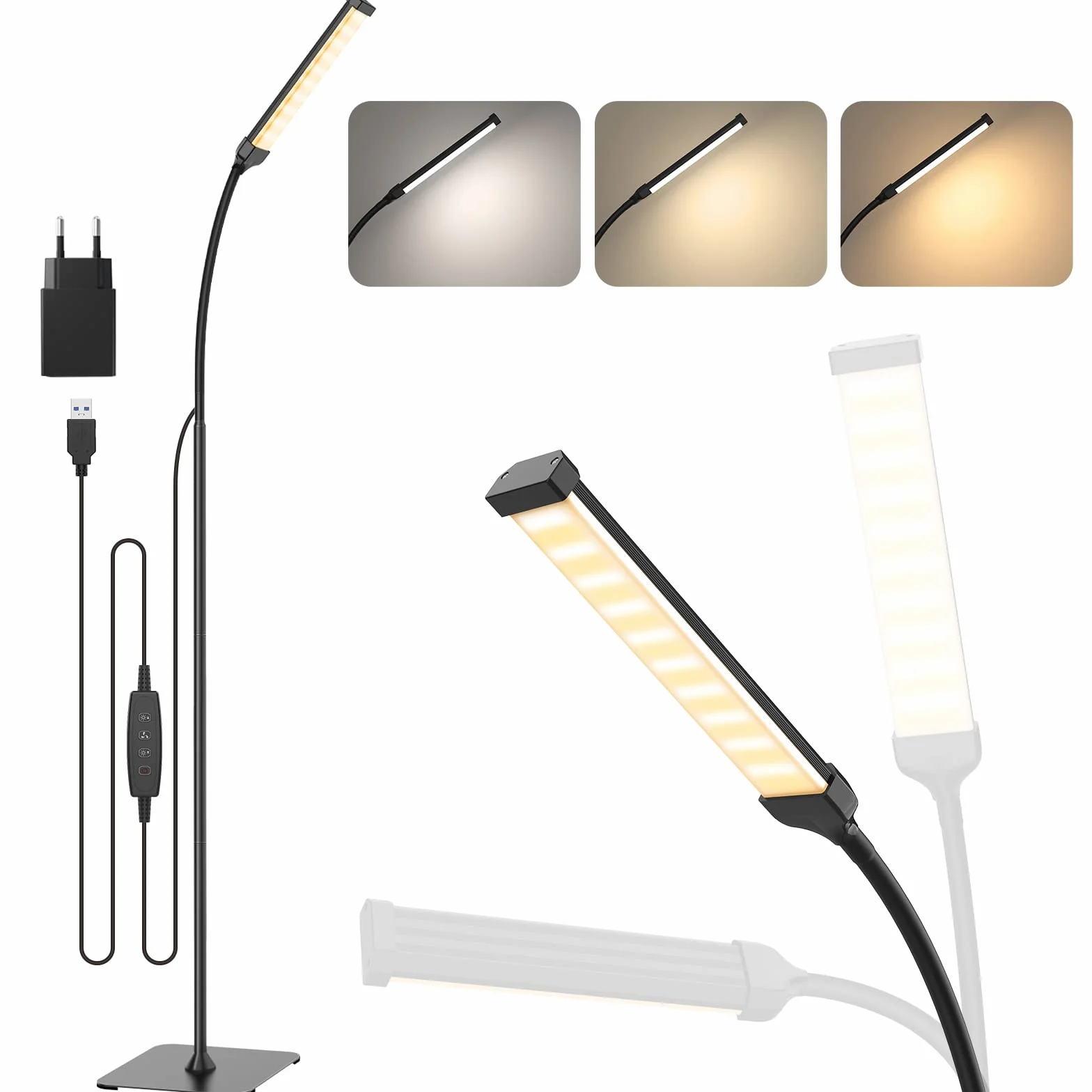 iFalarila Lámpara de pie 120 LED 10 W 3 colores 10 brillos brazo flexible