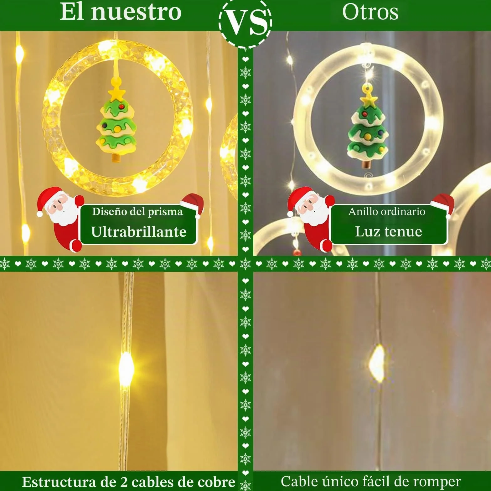 GlobaLink 3M x 0.7M Cortina Luces Navidad Enchufe con 10 Anillos Estatua, Impermeables 8 Modos Adornos para Natal Ventana Bodas Exterior Interior, Luz de Cadena Guirnalda, 100 LED, Blanco Cálido