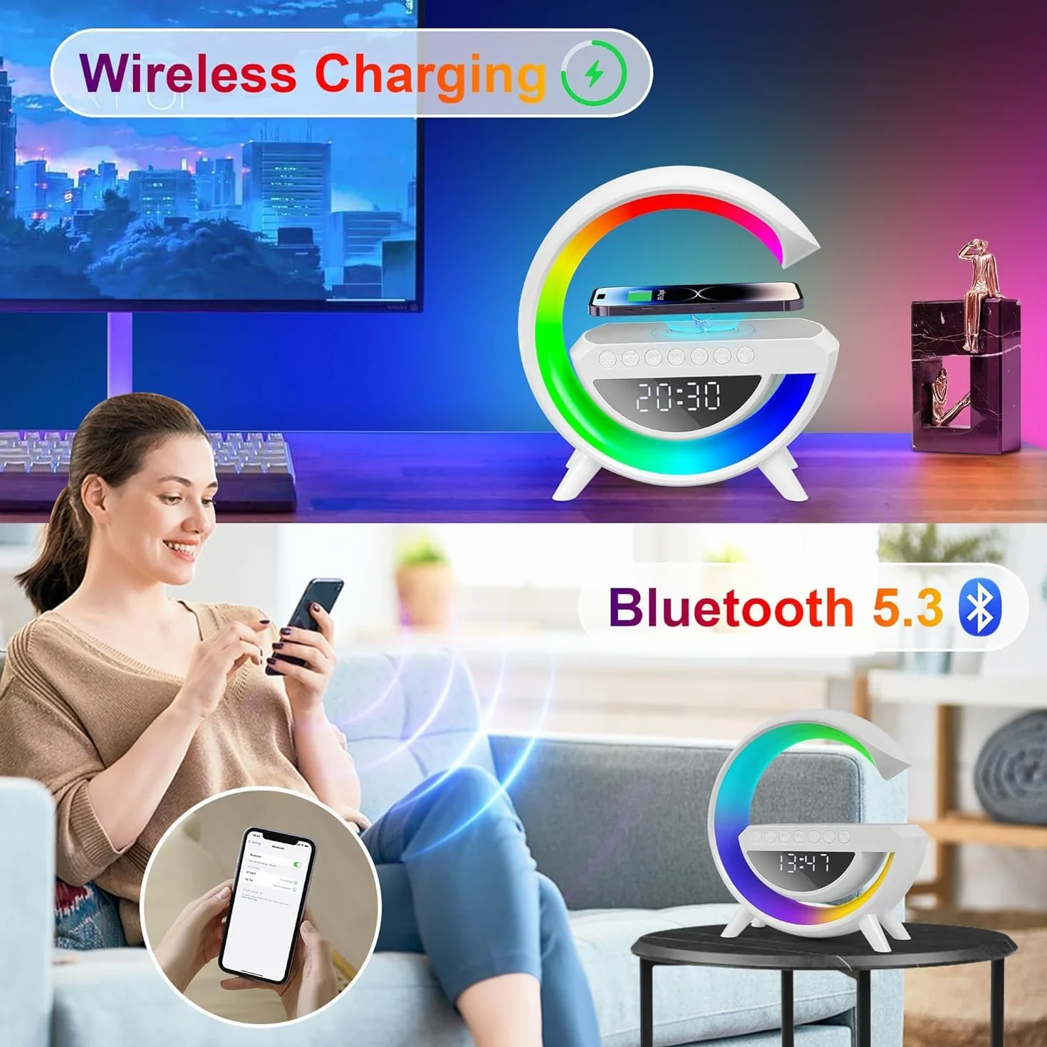Lámpara con Cargador Inalámbrico 15W, Estación de Carga con Altavoz Bluetooth, Despertador Digital con Luz RGB y Luz Nocturna, Multifuncional para Dormitorio, Camping y Viajes