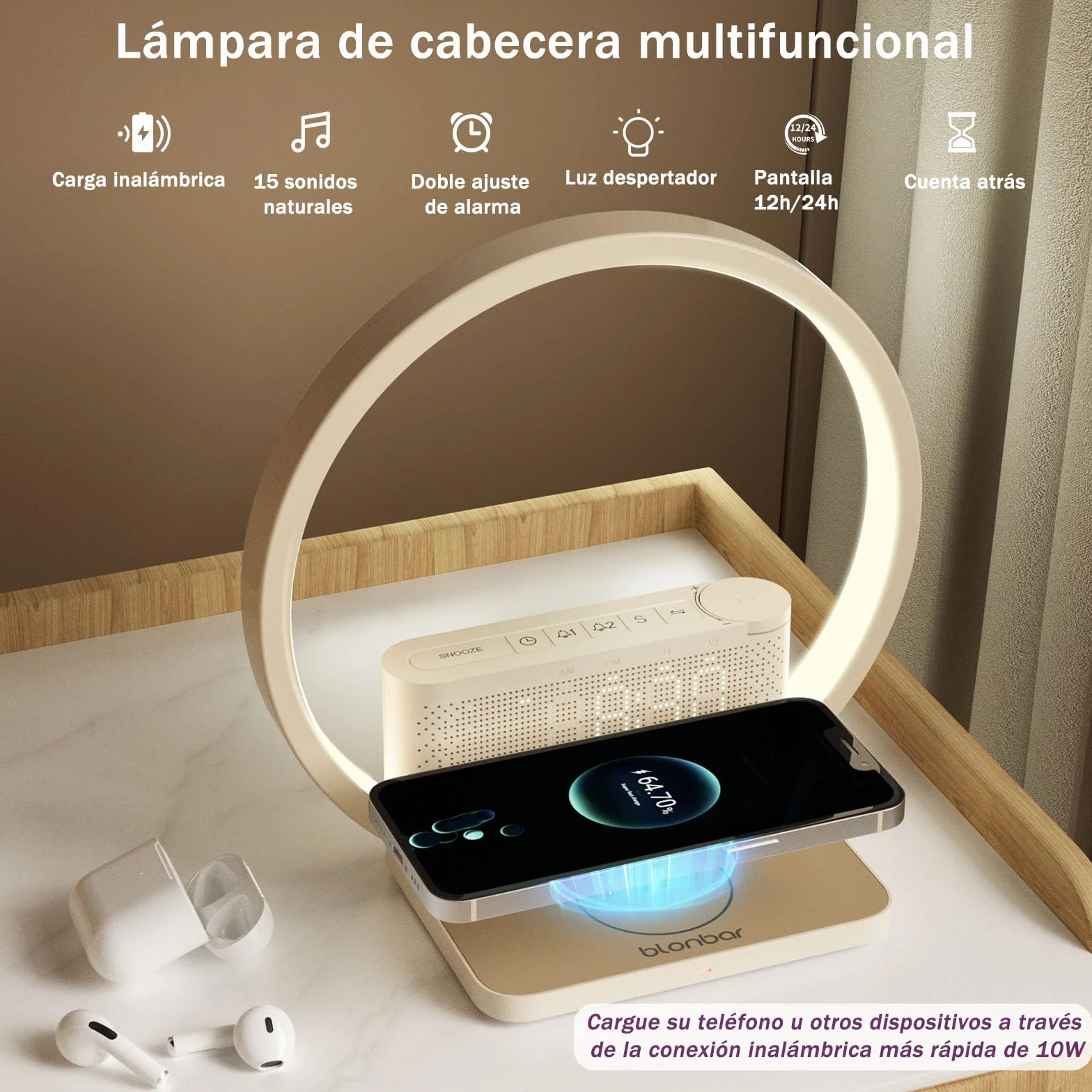 blonbar Lámpara de mesilla de noche con despertador iluminado, luz para despertarse, cargador inalámbrico de 10 vatios,3 niveles de brillo atenuación táctil, música, ayuda para dormir en el dormitorio