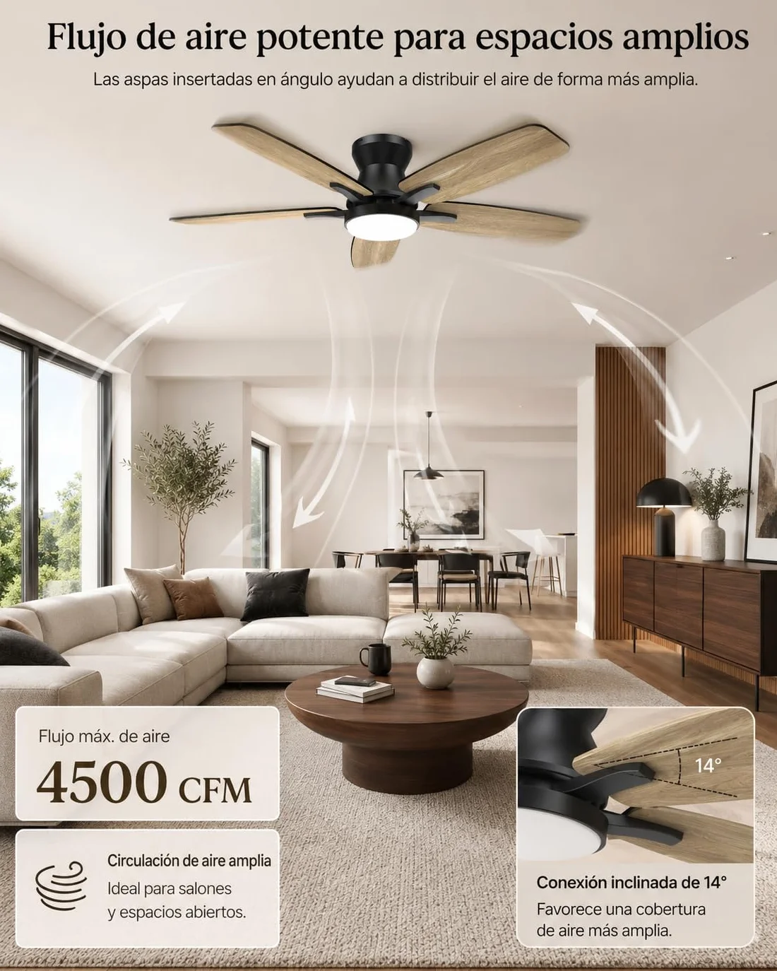Airwit Ventilador de Techo con Luz Silencioso 106 cm, Mando a Distancia, Motor DC, 6 Velocidades, Aspas Doble Cara