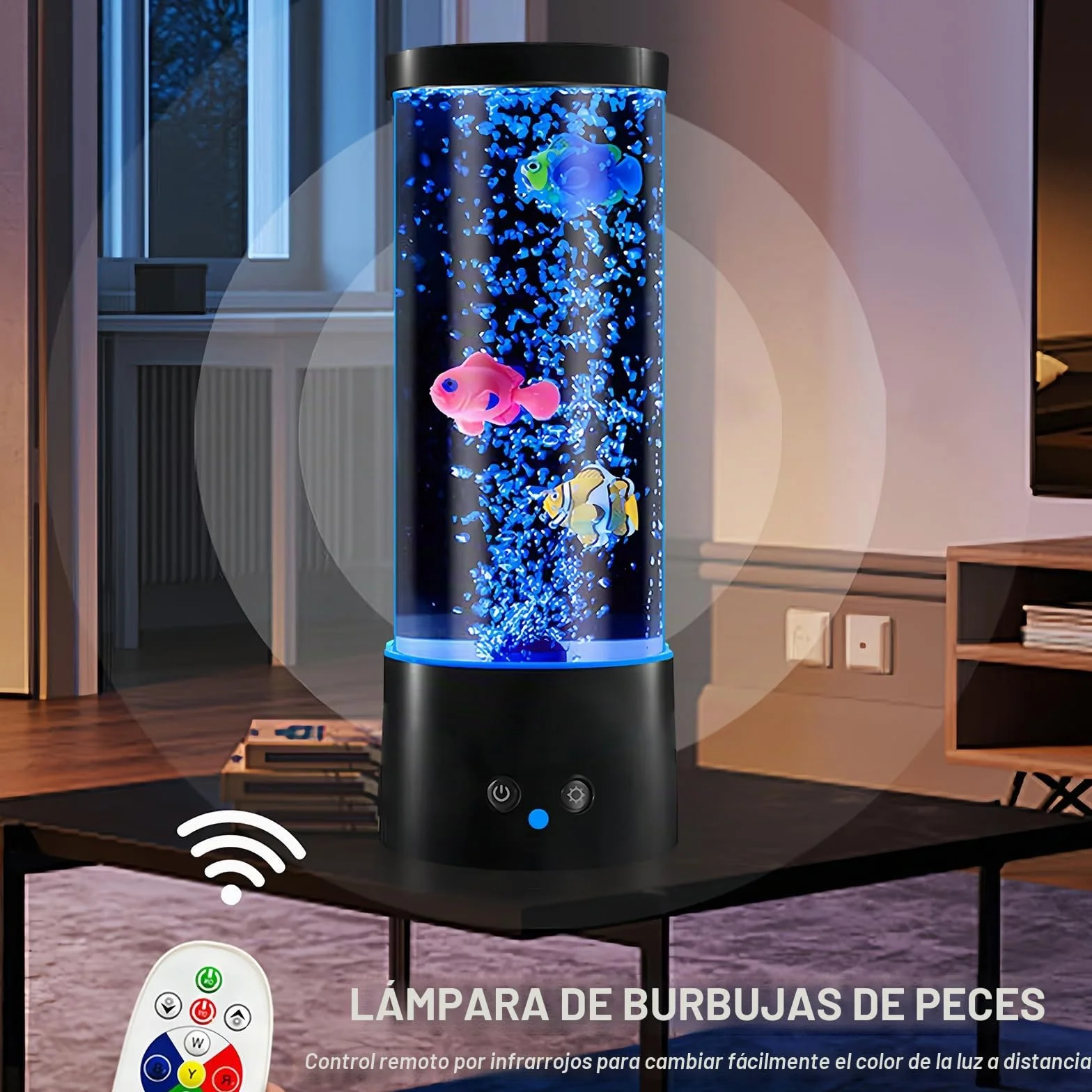 Lámpara de Lava Con Pez y Burbujas - 16 Colores y 4 Modos - Mando a Distancia - Ambiente Para Acuario - Cable USB