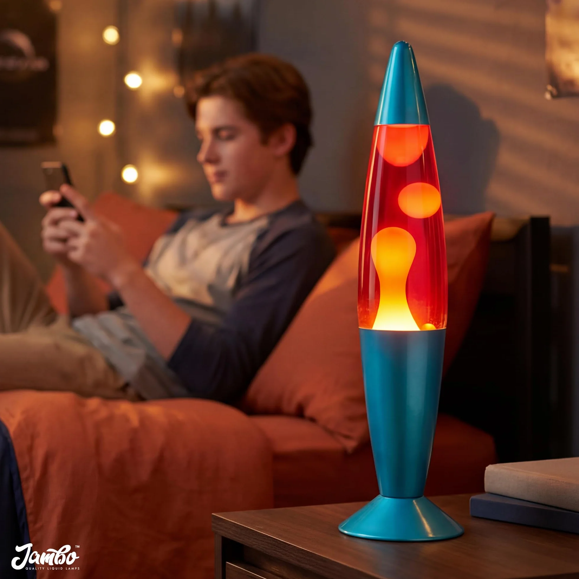 Jambo Lámpara de volcán azul con cera que fluye como lava, lámparas frescas, luces nocturnas para niños, adultos, adolescentes (16 pulgadas, base azul, líquido rojo, cera naranja)