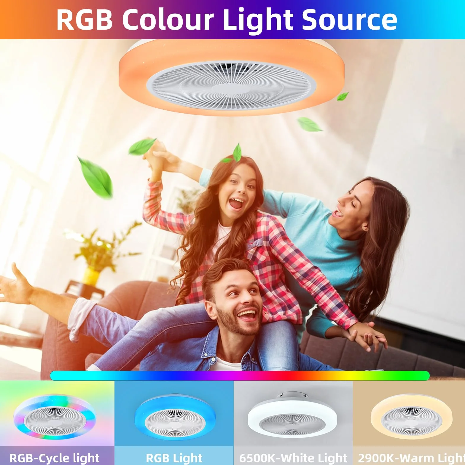 Ventilador de Techo Con Luz RGB,Moderno Regulable Ventiladores de Techo,50CM Reversible RGB Lampara Ventiladores de Techo,6 Velocidades LED Plafon Regulable con mando a distancia y APP (Blanco)