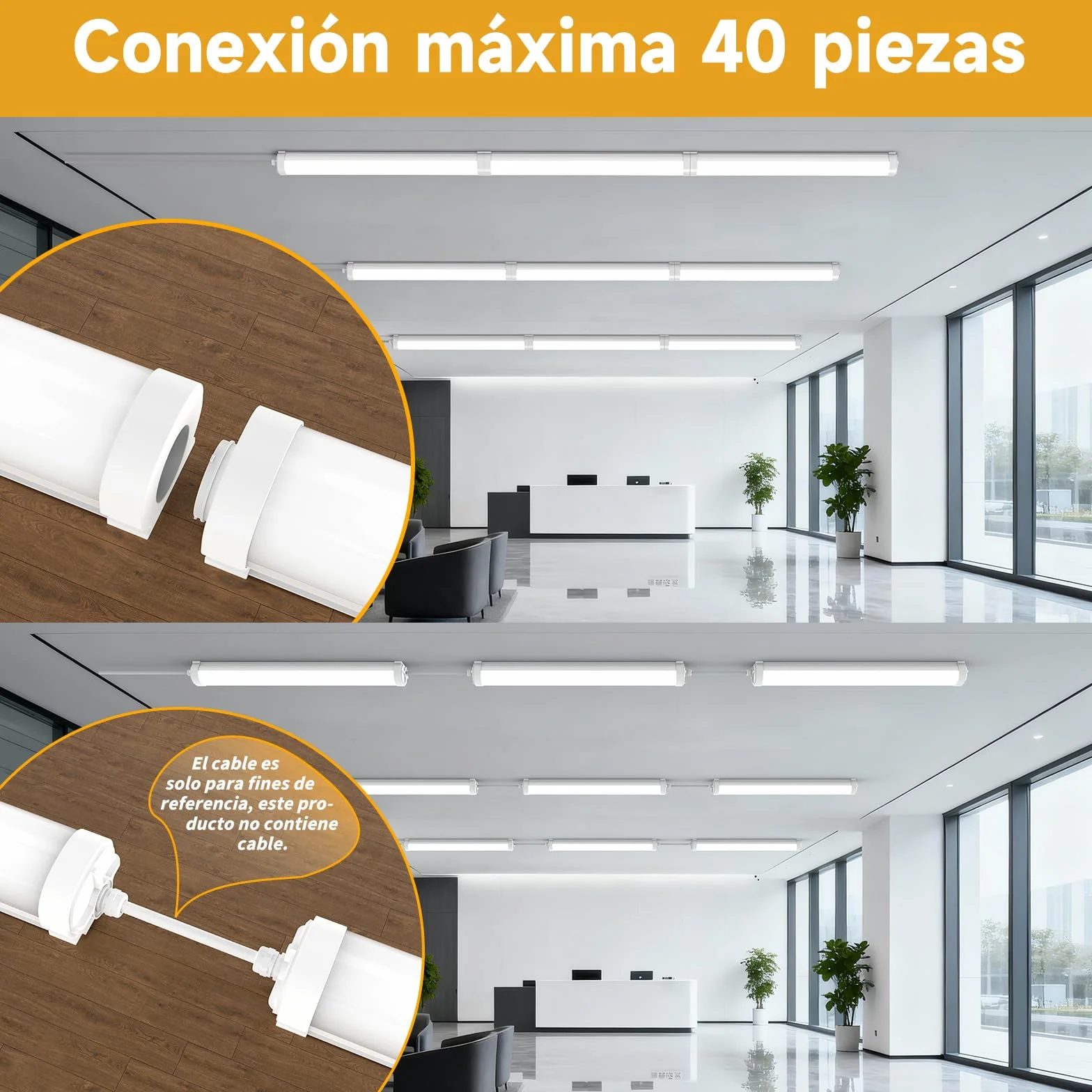 Lámpara de Techo LED 60CM, Fluorescente LED 18W, 2250lm, IP65 Impermeable, 6000K, Conectable, para Garaje, Taller, Cuarto de Baño, Oficina