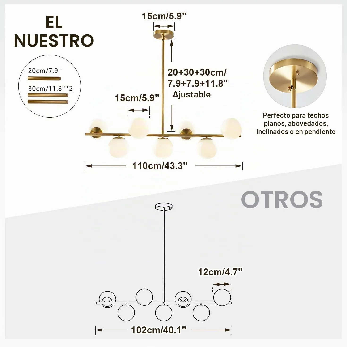 KCO Lighting Lámpara Colgante de Comedor Moderna de Metal Dorado, 7 Luces E27, Altura Ajustable 80 cm