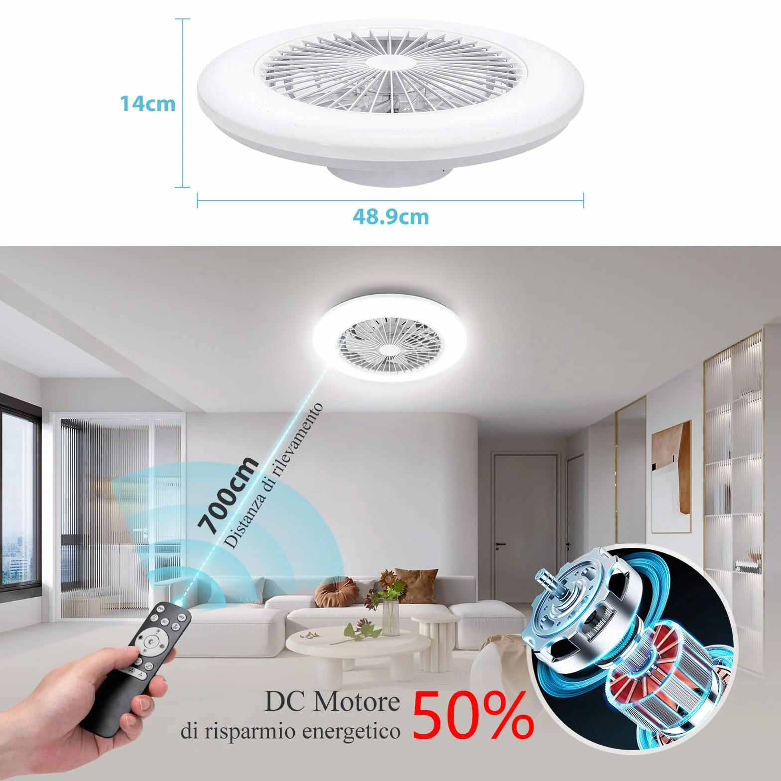 Aigostar Ventilador de Techo con Luz Silencioso, 49cm, Motor DC, Telecomando, Temporizador