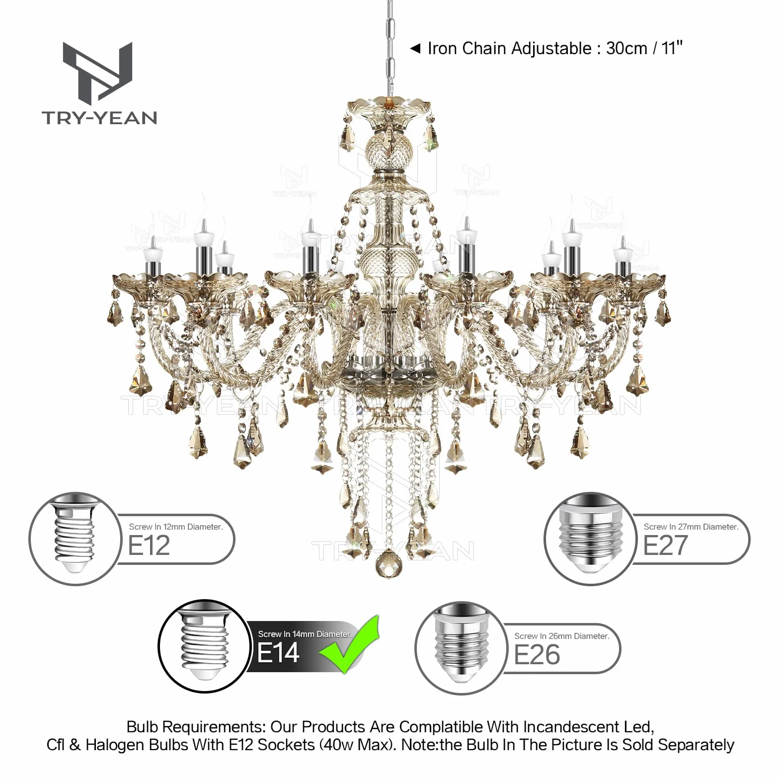 Lámparas de Araña de Coñac Lampara Cristal Colgante Clásico 10 Luces Lámparas Techo Lagrimas K9 Cristal Candelabro con Cadena Ajustable para Dormitorio, Salón, Comedor, Restaurante E14