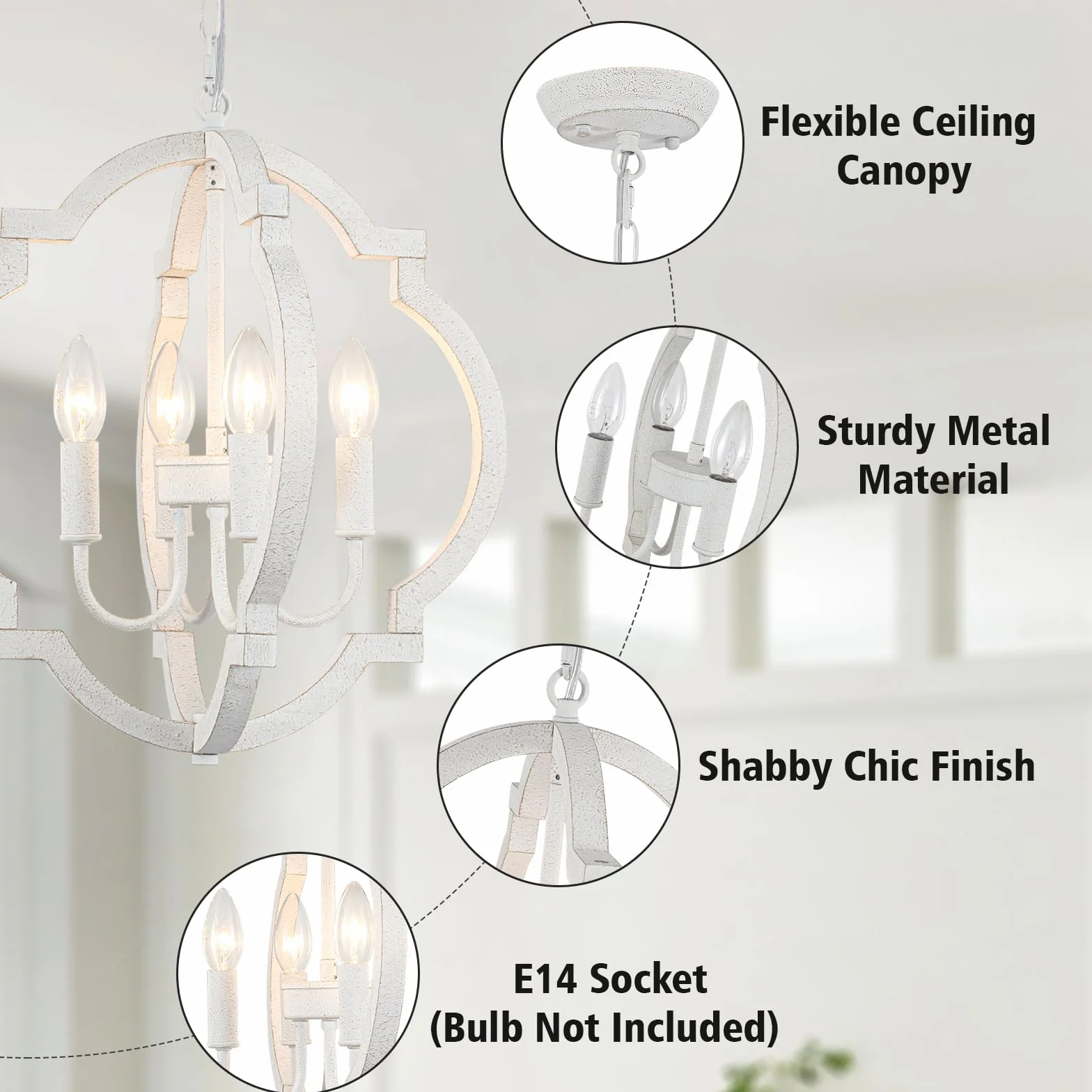 Lampara Araña 4-Luce Vintage Blanca Colgante Rustica Techo Salon Comedor Cocina