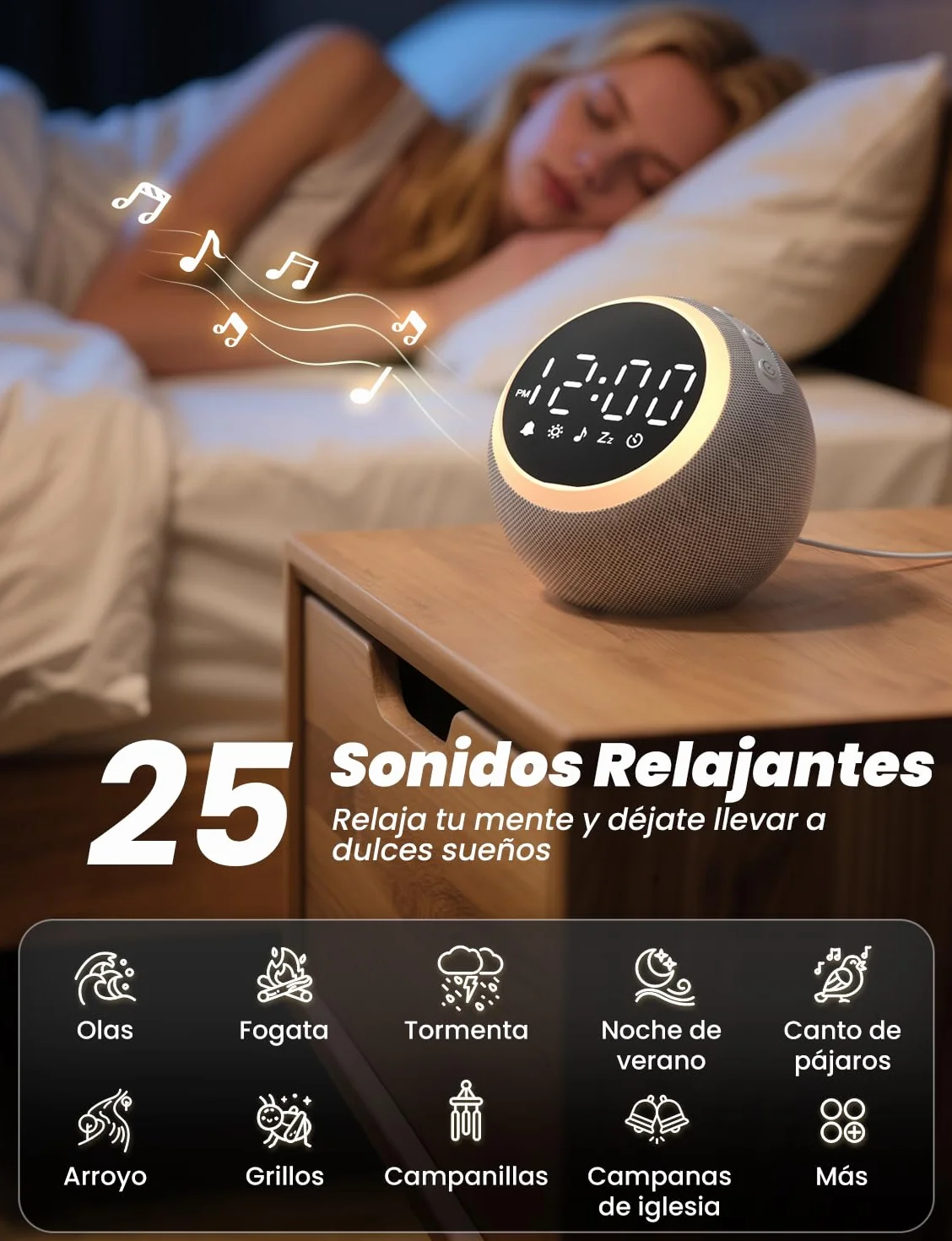 LIORQUE Despertador Luz con Ruido Blanco, 25 Sonidos Calmantes, Volumen Ajustable, Luz Nocturna, Temporizador