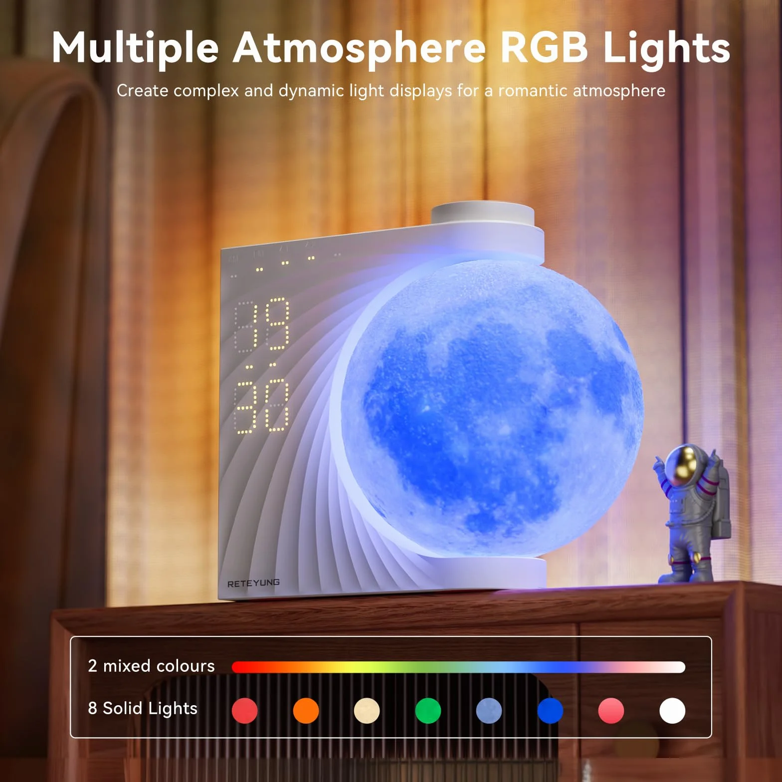 RETEYUNG Lámpara Luna Despertador Amanecer Luz Nocturna RGB 8 Colores 10 Sonidos Naturales Función Snooze 3 Niveles