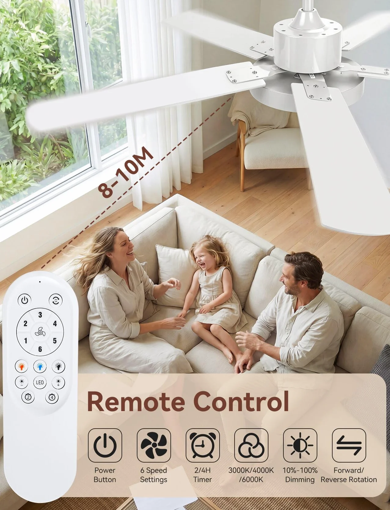 Aigostar Ventilador de Techo con Luz Silencioso 52″, Motor DC Reversible 29W, 31.5W LED, Mando a Distancia, 6 Velocidades, 3000K/4000K/6500K Regulable, Ideal para Dormitorio, Sala o Cocina
