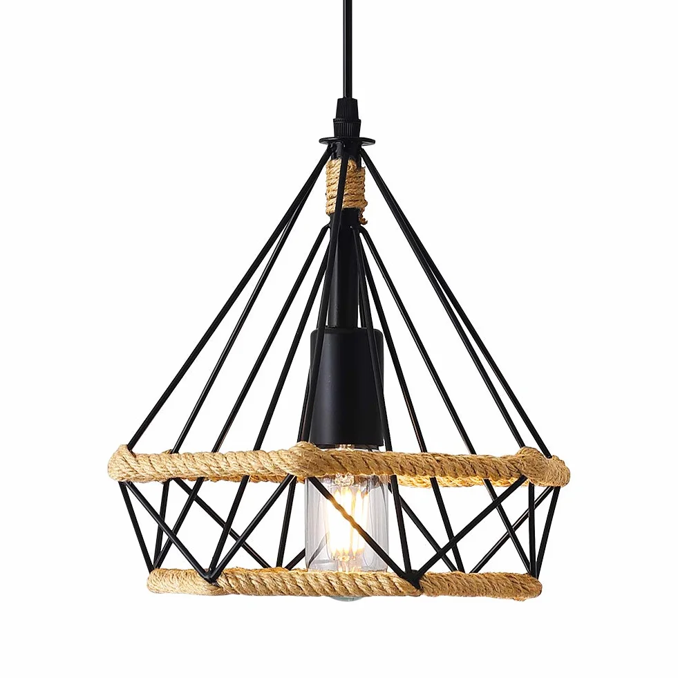 Lámpara Colgante Vintage MAXDUYU 25 cm Cuerda de Cáñamo Techo Industrial Jaula de Hierro Diamante