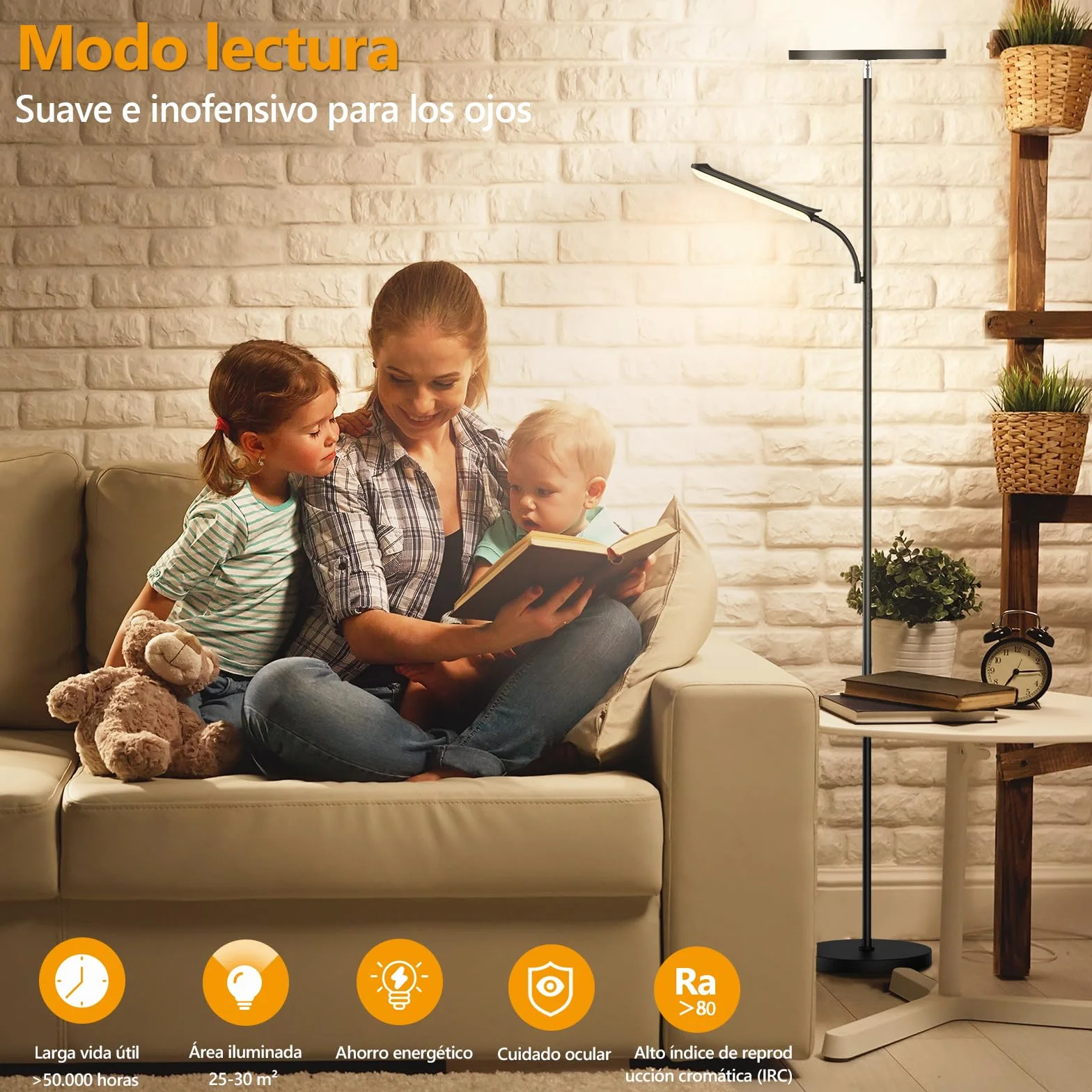 Lámpara de Pie LED Regulable 42W 4000LM para Salón con Luz de Lectura