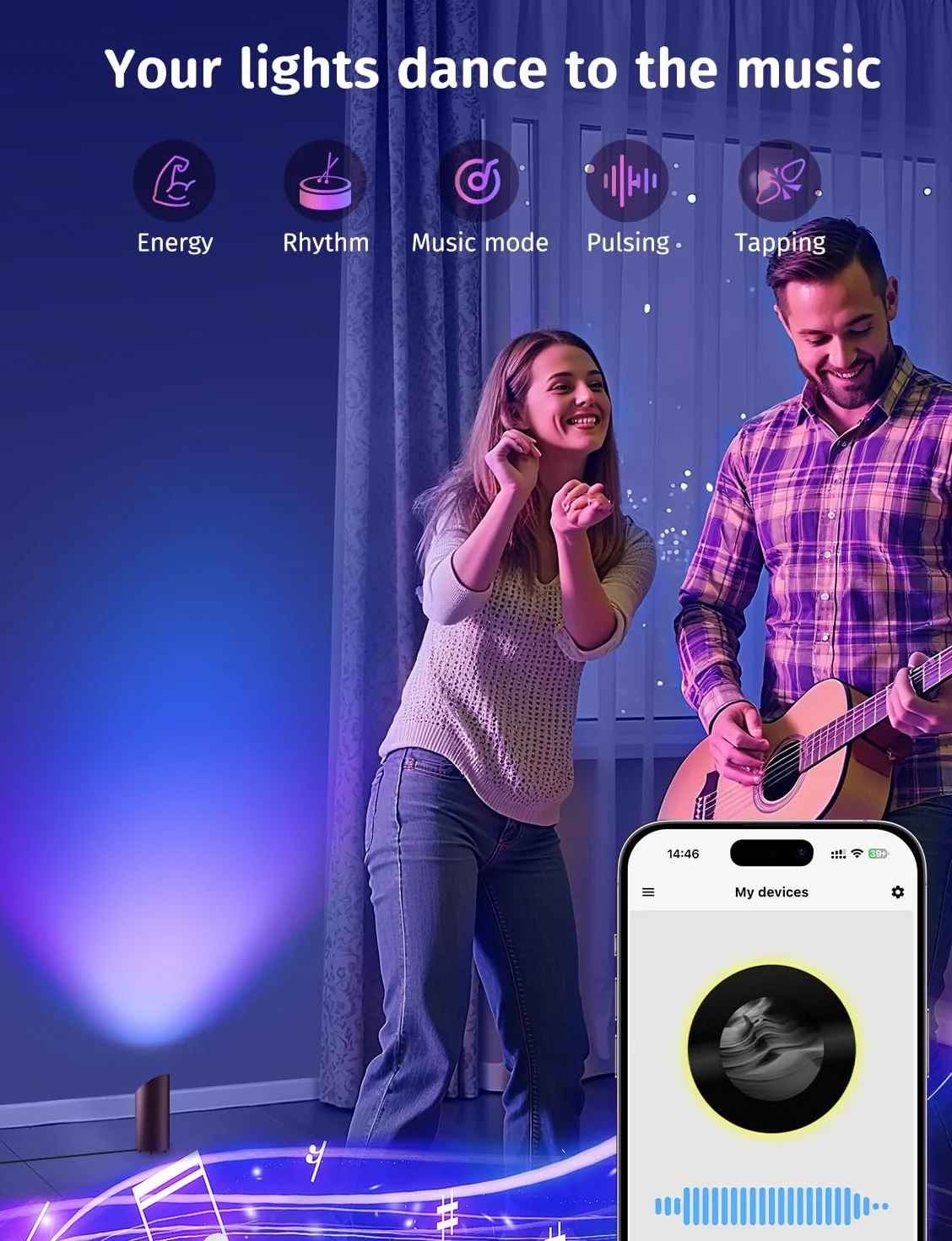 GeyouLux 5W RGBW LED Uplight Spot Regulable, Lampara Pie LED para Salon con Mando a Distancia, Control por App, Temporizador, Modo Musica, Negro 2 Piezas