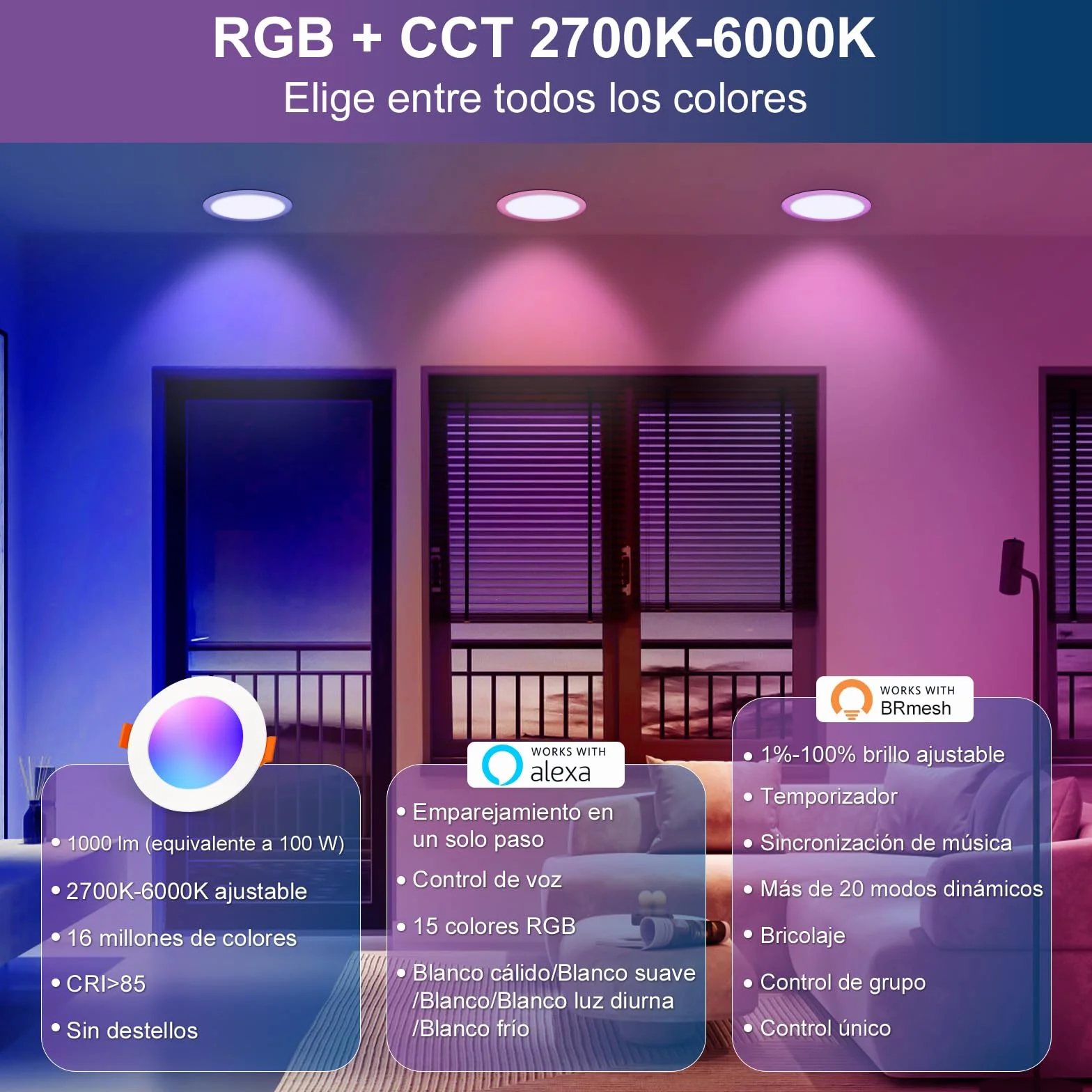 DUSKTEC Downlight LED Techo Empotrable RGB Blanco Frío Cálido 2700K-6000K Regulable Inteligente 10W 1000Lm Compatible Alexa Echo Pack 4