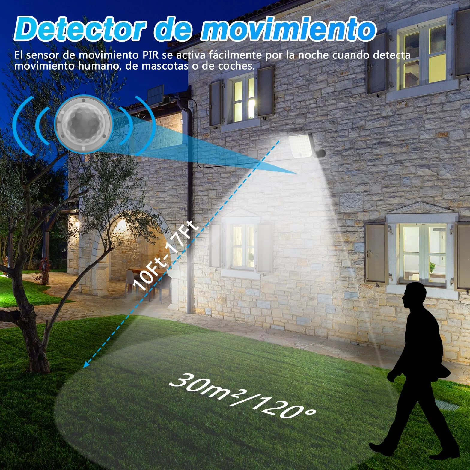 Luces Solares Exterior Jardin, Foco Solar 256 LED 2 Paquete Separar Lampara Solar con Mando a Distancia 3 Modes IP65 con Sensor de Movimiento para Garajes Caminos