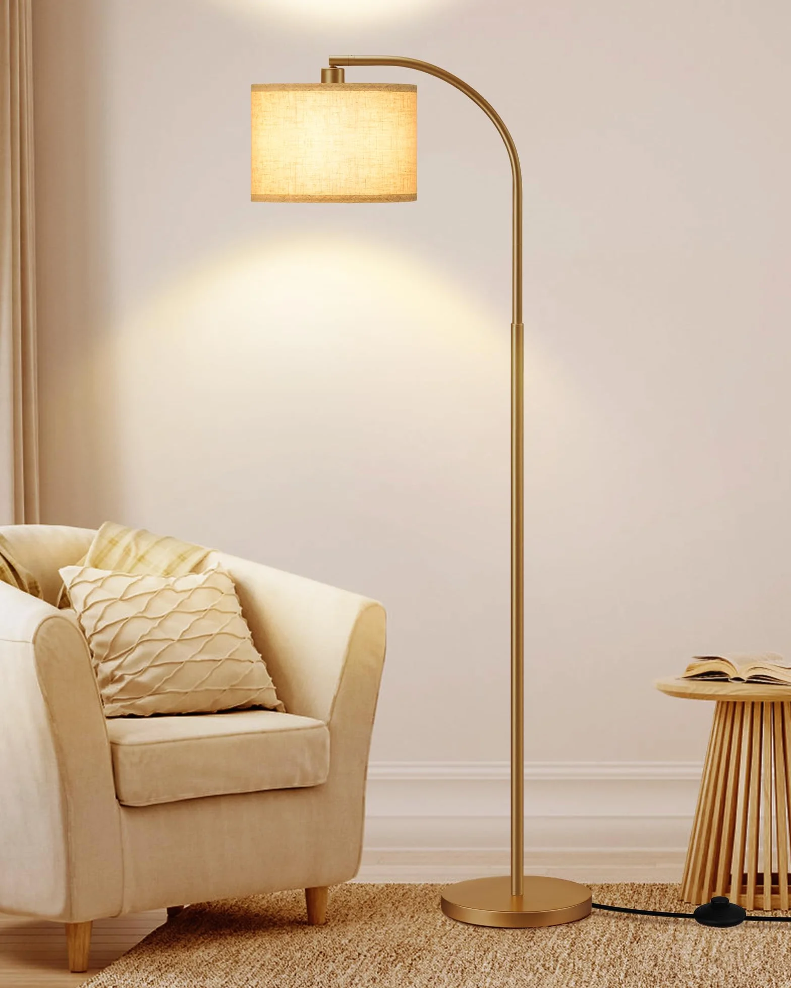 EDISHINE Lámpara de Pie Arco 161cm Pantalla de Lino Beige E27 con Bombilla LED Ajustable Dorado