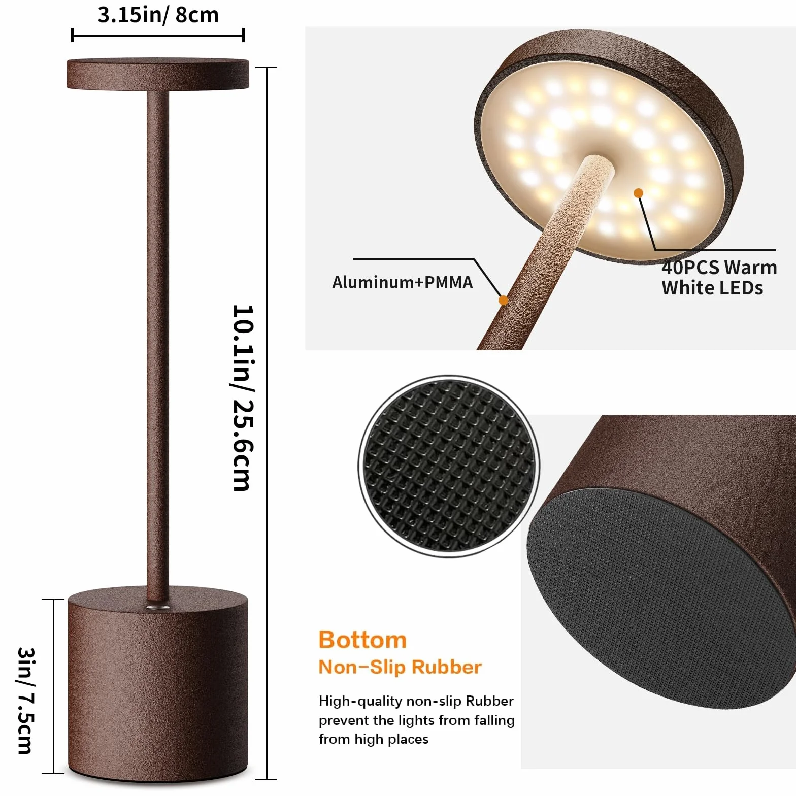 2 Piezas Lámpara de Mesa Inalámbrica, Lámpara de Mesa LED Recargable de 5000mAh, Regulable, Lámpara de Metal, Para el Comedor, el dormitorio, el exterior (Corten)