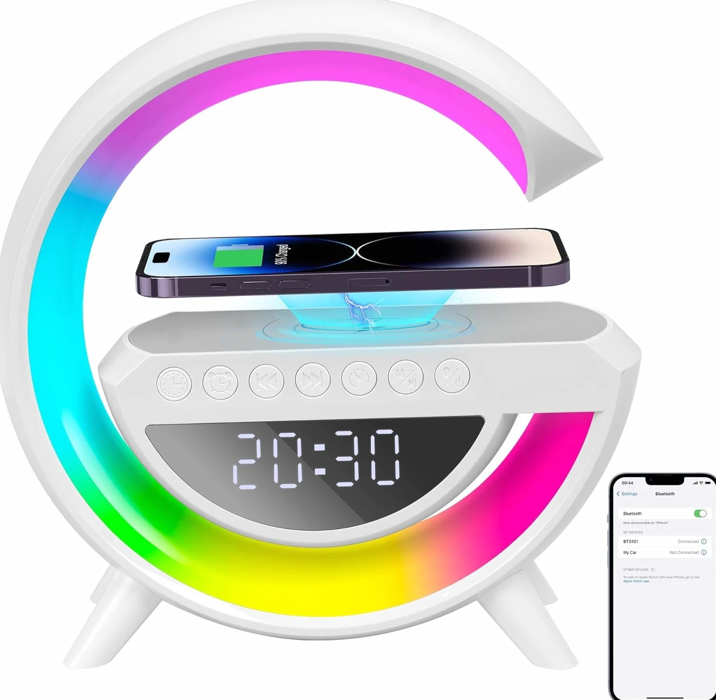 Lámpara con Cargador Inalámbrico 15W, Estación de Carga con Altavoz Bluetooth, Despertador Digital con Luz RGB y Luz Nocturna, Multifuncional para Dormitorio, Camping y Viajes