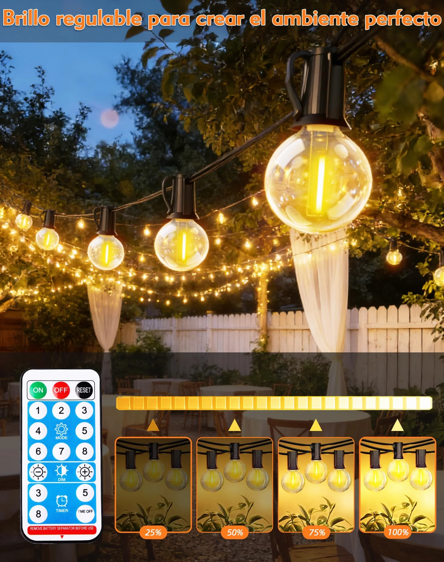 Guirnaldas Luces Exterior Solar 10M LED 15+1 Bombillas 8 Modos Impermeable con Control Remoto para Jardín Patio