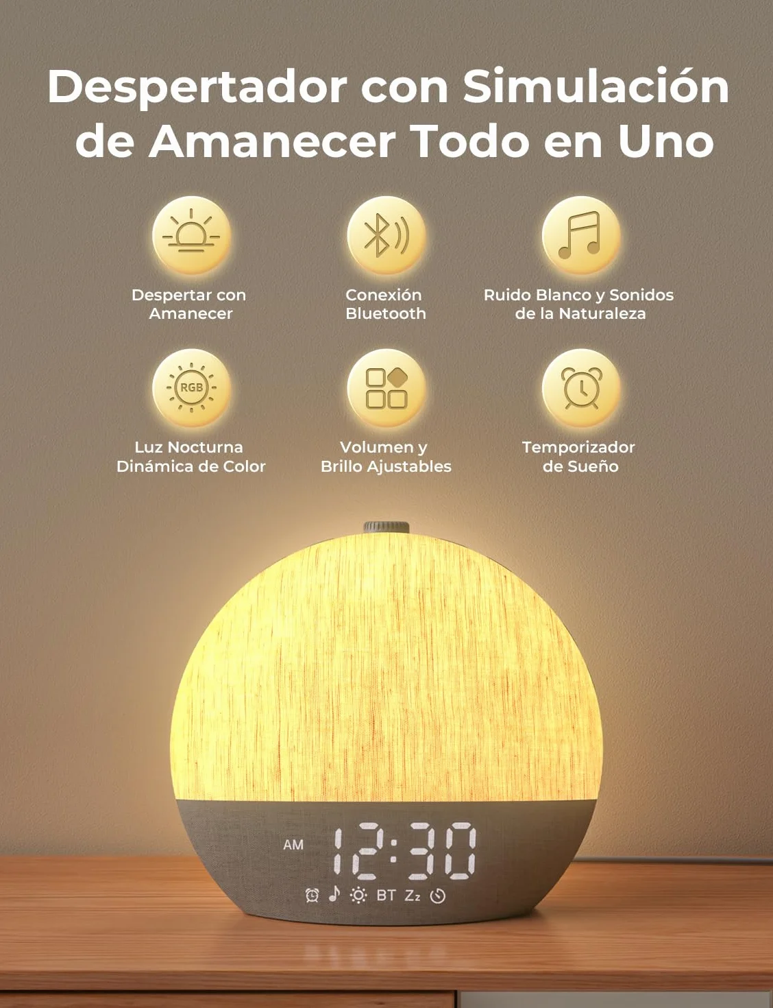 LIORQUE Despertador Amanecer, Despertador Luz Natural Simulación de Amanecer, 17 Modos de Luz, 30 Sonidos Relajantes, Modo de Ayuda para Dormir, Conexión Bluetooth, Función Alarma y Snooze