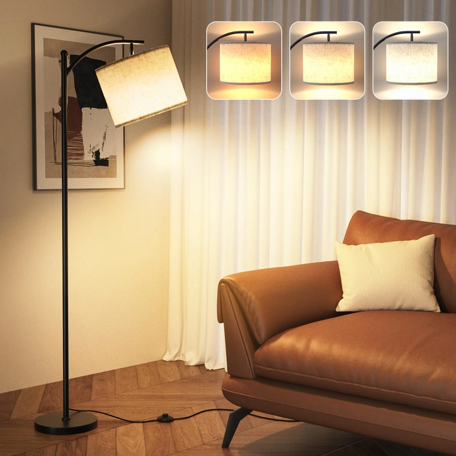 Lámpara de Pie LED Regulable 160cm con Pantalla de Lino, 3 Temperaturas de Color y Control Remoto