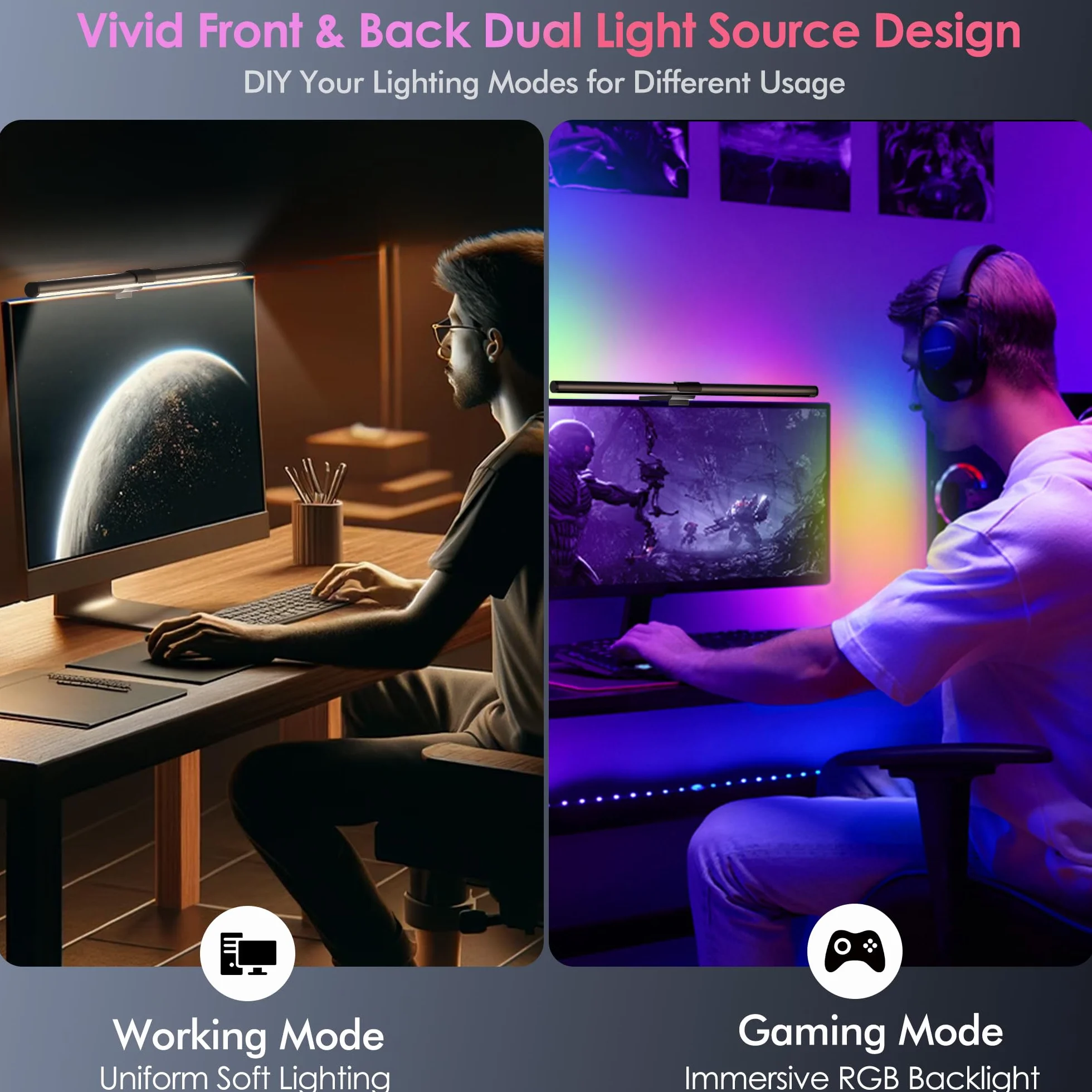 Quntis 51CM Luz Monitor con Retroiluminación Rgb, Lámpara de Monitor Remota con 15 Modos de Retroiluminación, Regulable y Antideslumbrante, Luz Ordenador para Todos los Monitores
