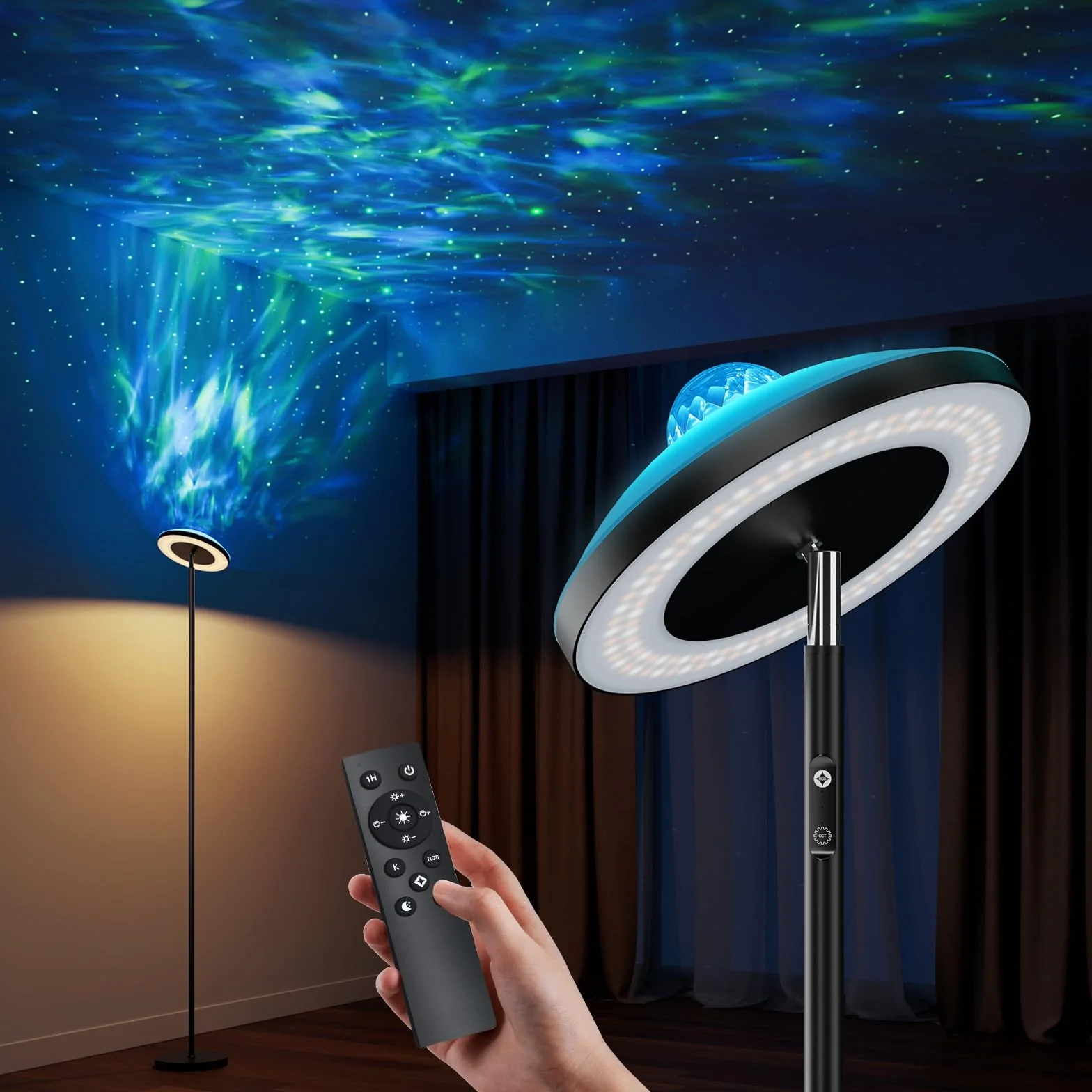 DUSKTEC Lámpara de Pie LED Inteligente para Salón | Proyector de Estrellas y Luz de Lectura | Regulable con Mando a Distancia y Temporizador | Lámpara de Pie para Dormitorio Infantil y Oficina