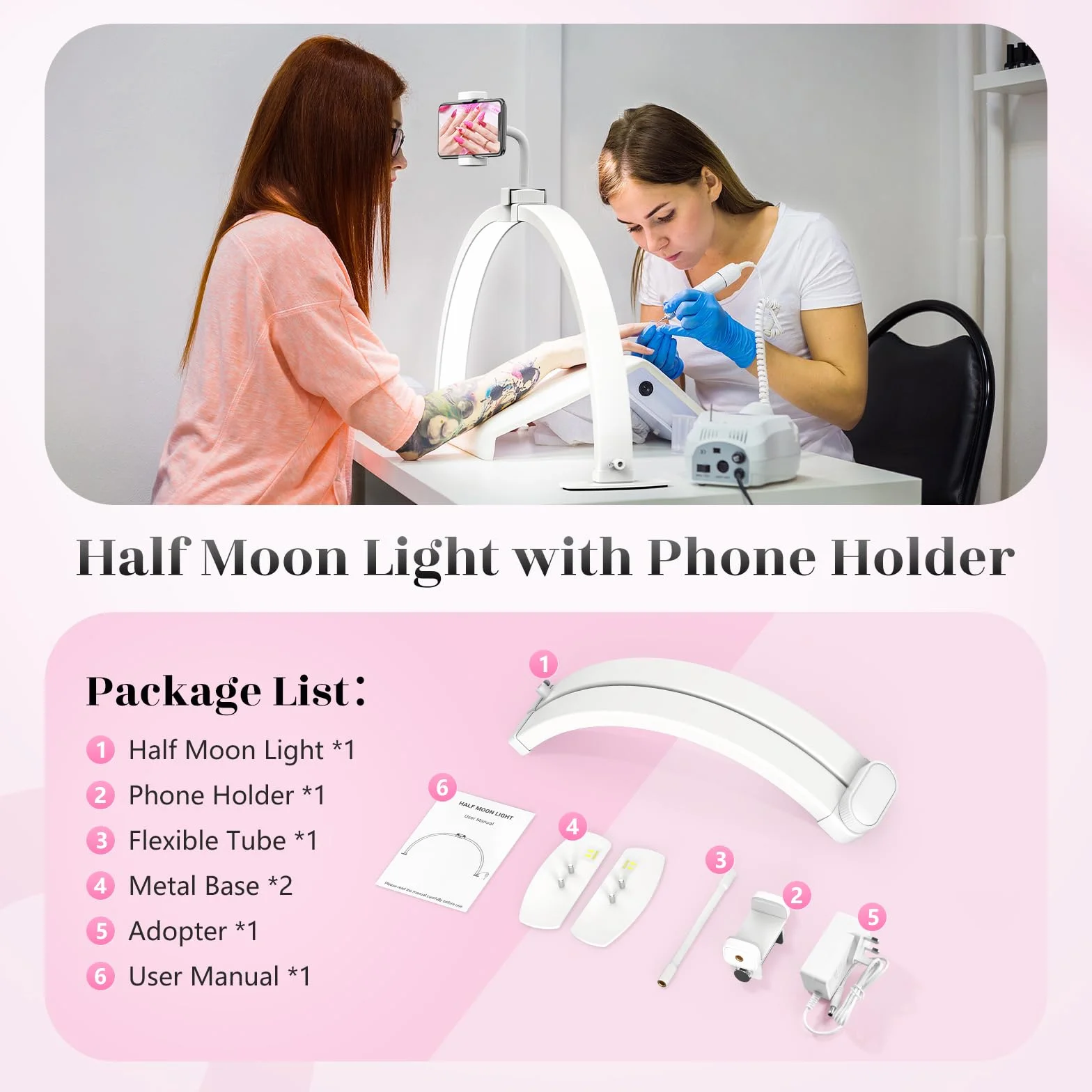 Media Luna Lámpara para Uñas 23" con Soporte para Teléfono 3 Modos de Color 10 Niveles de Brillo Ajustables Manicura Blanco