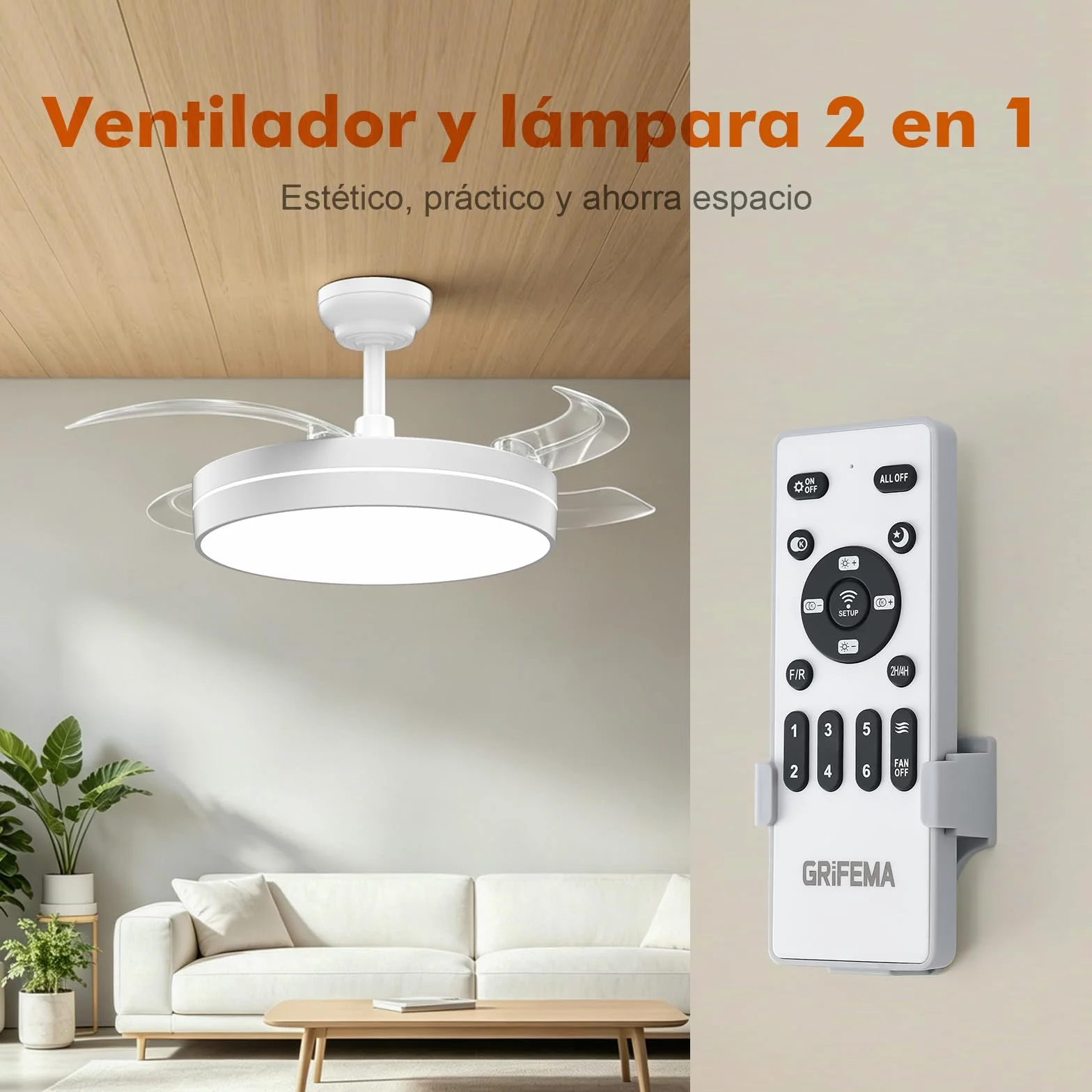 GRIFEMA Ventilador de Techo con Luz y Mando a Distancia, 107cm, Motor DC 30W, 6 Velocidades, GD105