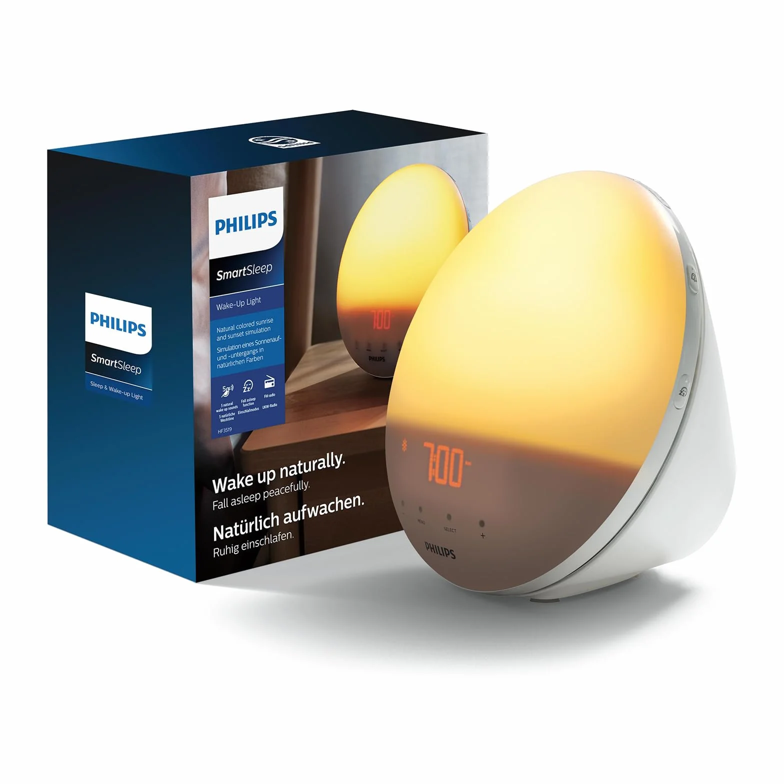 Philips Wake-up Light HF3531/01 Despertador de luz natural, 7 sonidos naturales, radio FM, alarma, con cargador móvil, plástico, Blanco, Con cargador móvil, 1 kilogramo