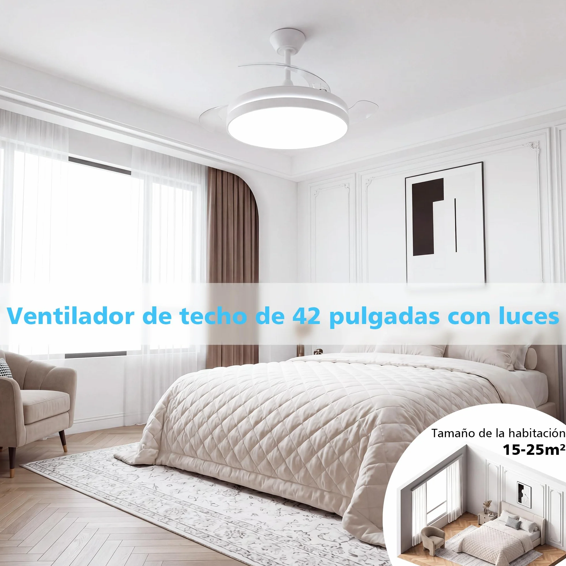 NIORSUN Ventilador de techo con luz,42" (106cm) Ventilador de techo,3 tonalidades, aspas desplegables, 40w 6 velocidades, APP&control remoto, Función Verano-Invierno,Blanco