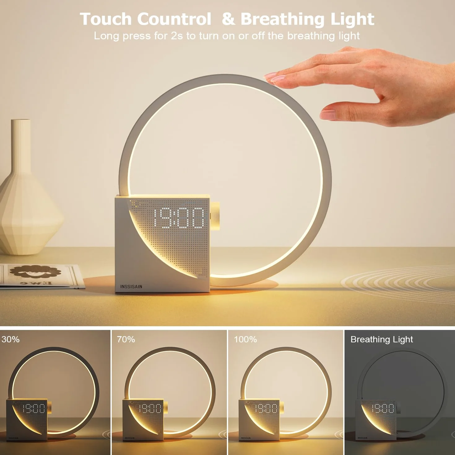 Lámpara De Cabecera De 10w, 2 Despertador, 10W Puertos de Carga USB, Luz Nocturna de 3 Niveles de Brillo,10 Sonidos Naturales,Ayudar a Dormir a Bebés Y Adultos (Beige)