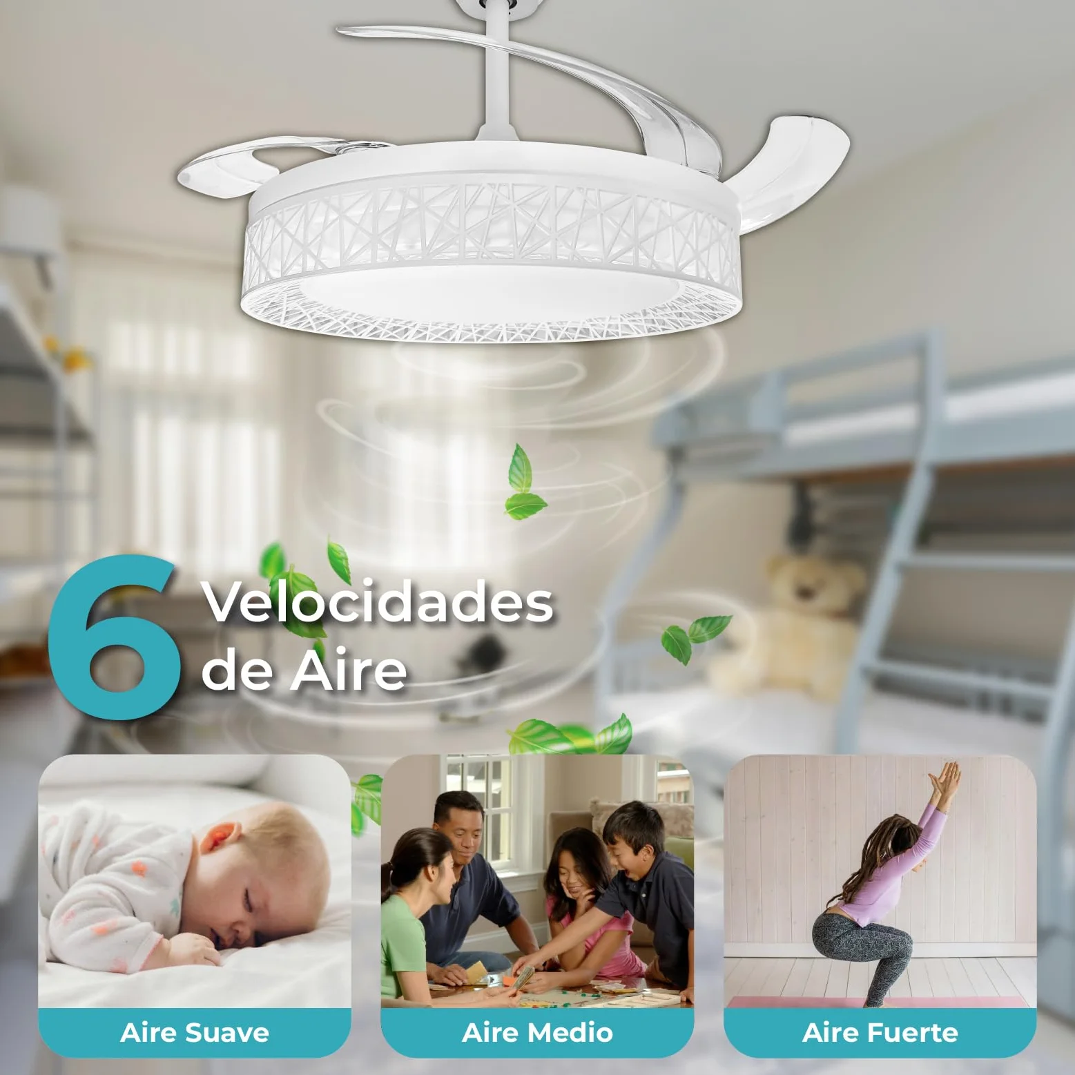 LED ATOMANT Ventilador de Techo con Luz LED 40W, Motor DC 32W, Ø 109cm, 4100LM, 4 Aspas Retractiles, 6 Velocidades, Modo Verano Invierno, Mando