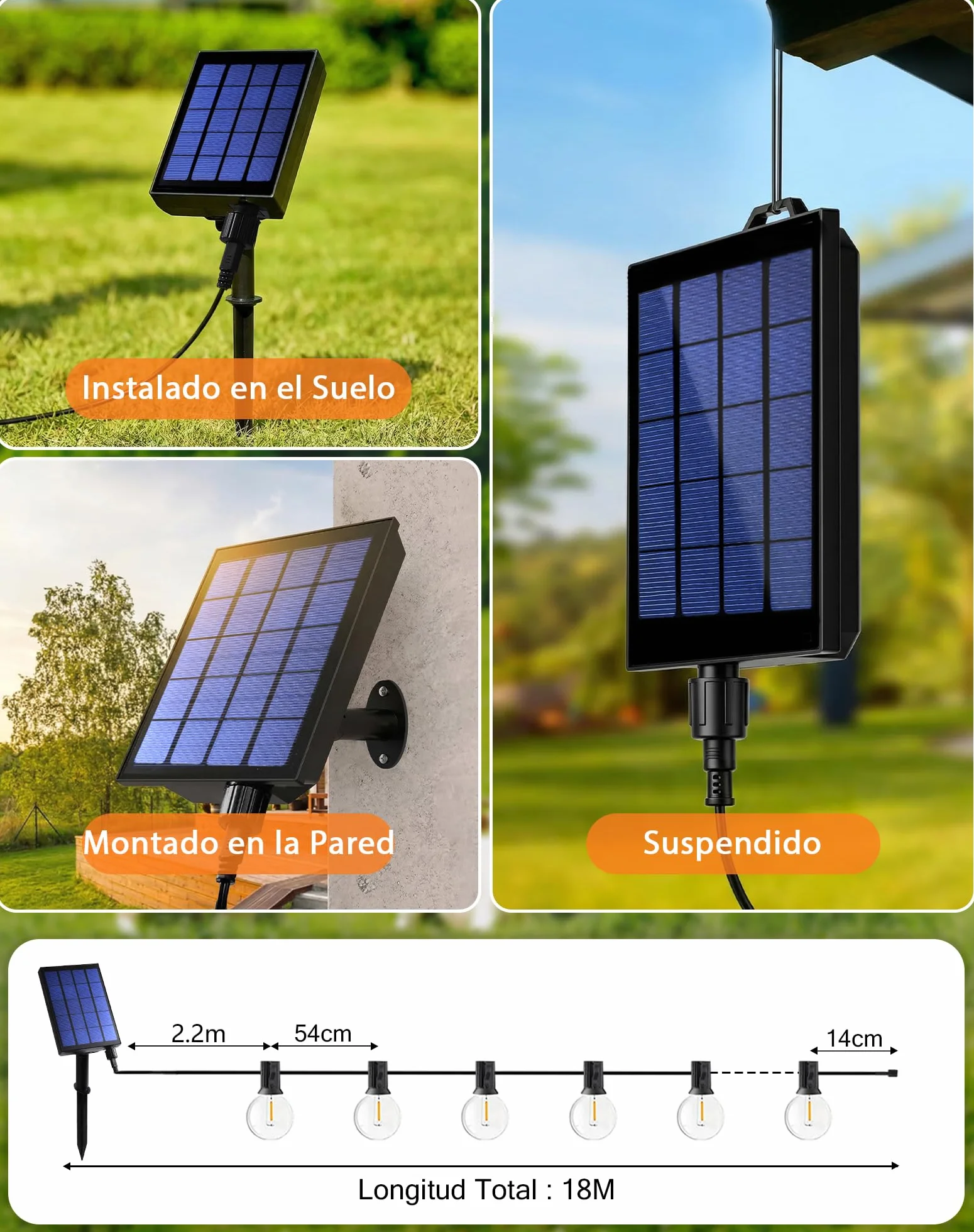 Guirnaldas Luces Exterior Solar 15M 25+3 LED G40 Impermeable IP44 3600 mAh 8 Modos Control Remoto