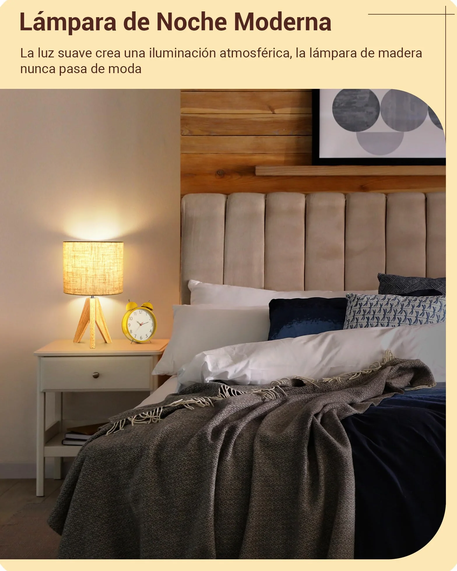 EDISHINE Lámparas de Noche de Madera 2 Unidades, Lámpara de Mesa Trípode E27, Pantalla de Lino Beige Vintage