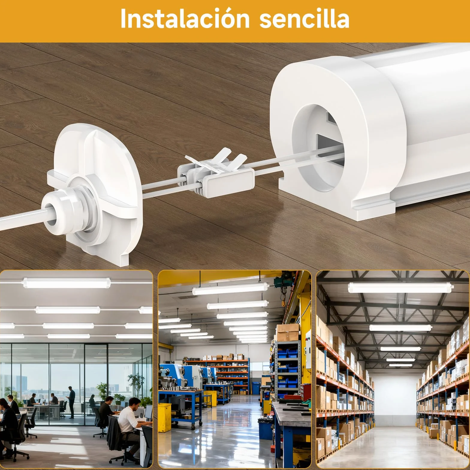 Lámpara de Techo LED 60CM, Fluorescente LED 18W, 2250lm, IP65 Impermeable, 6000K, Conectable, para Garaje, Taller, Cuarto de Baño, Oficina