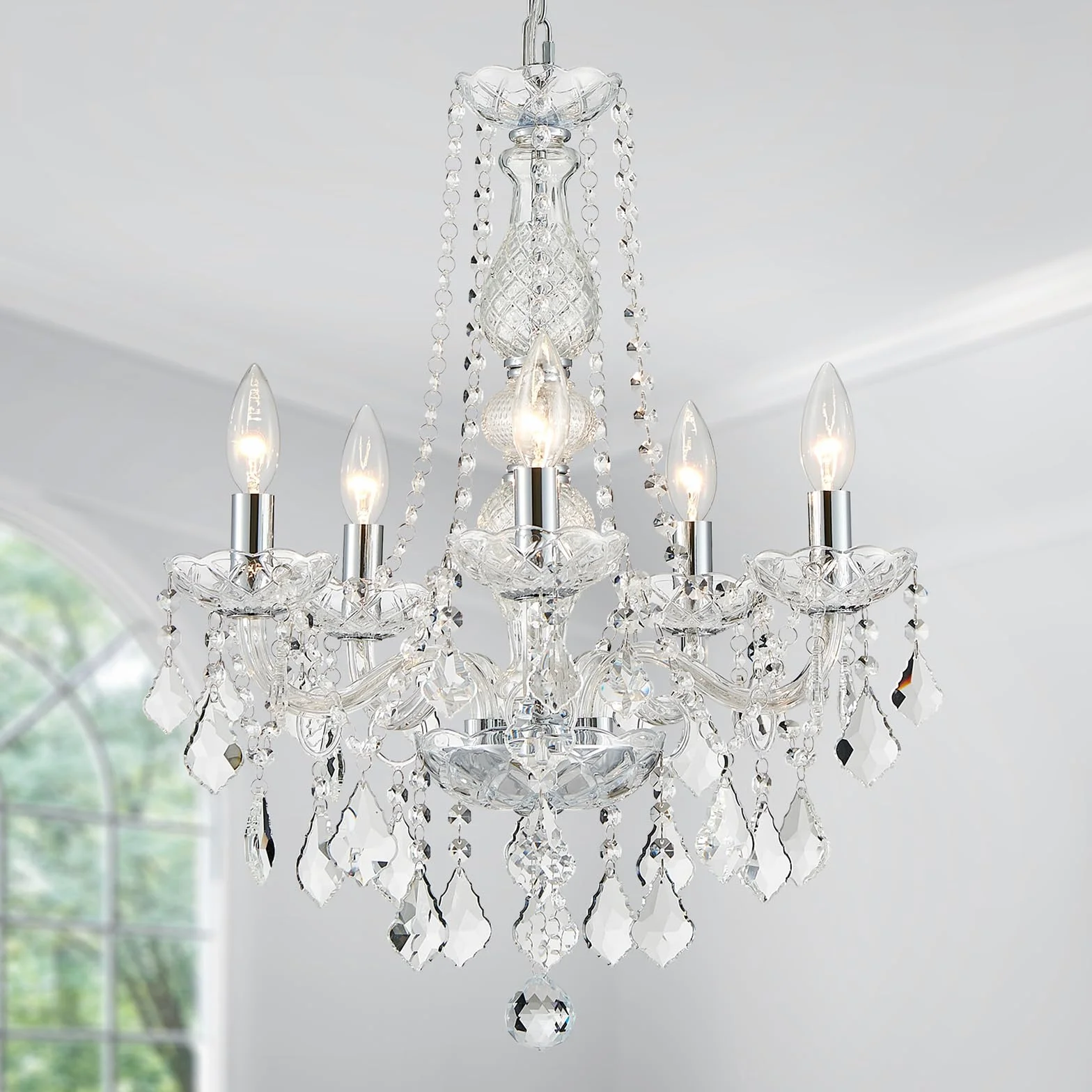 WUZUPS Crystal 5-Light Candle Chandelier Flushmount Chrome Ceiling Light, H 63.5cm x W 50.8cm, E14