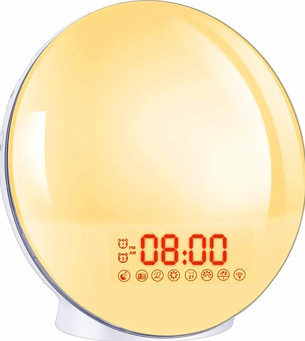 Despertador Luz Amanecer, Reloj Despertador Analógico con Pantalla Completa, 7 Luces Colores, 7 Sonidos Naturales, 20 Niveles Brillo
