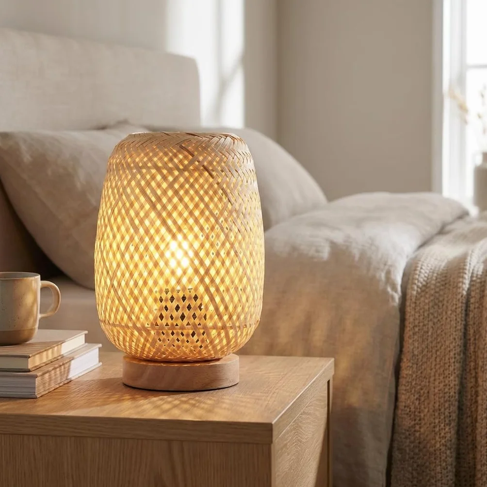 Lámpara de Mesa Mimbre Madera Ruka Barcelona LED E27 Estilo Rústico Boho Natural